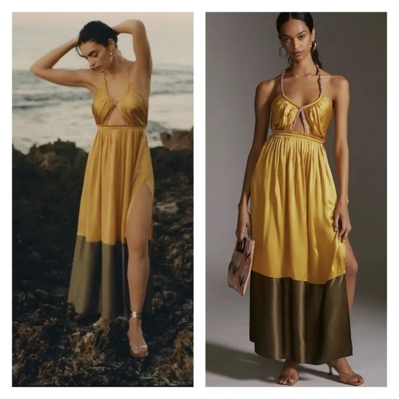ANTHROPOLOGIE Gold Silk Color Block Cutout Maxi Dress Size 0 NWT - Picture 1 of 10